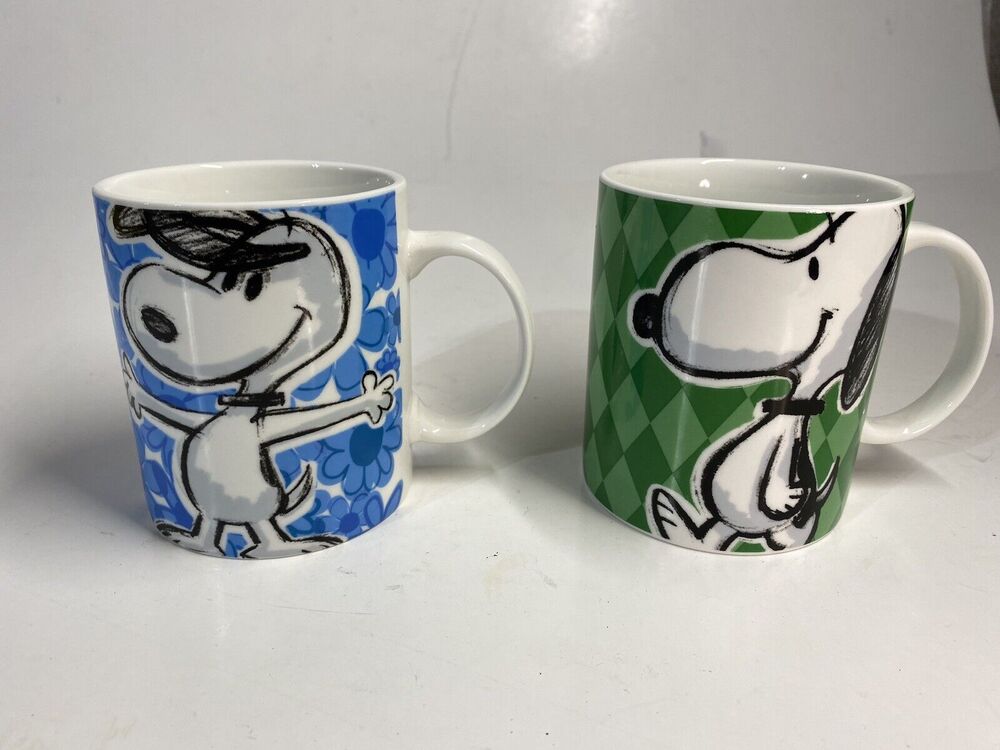 Snoopy Peanuts Mug Set of 2 Dishwasher Microwave Safe Argyle Blue Green